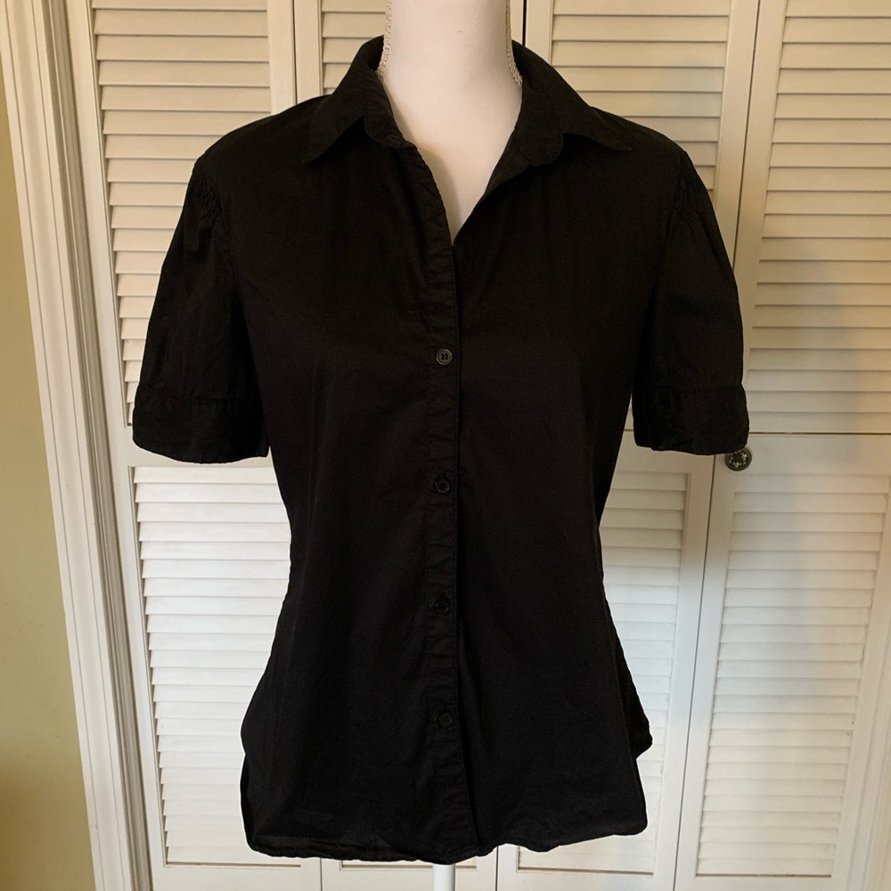 Norma Kamali Black Women's Button-Up Short Sleeve Shirt with Smocked Shoulders